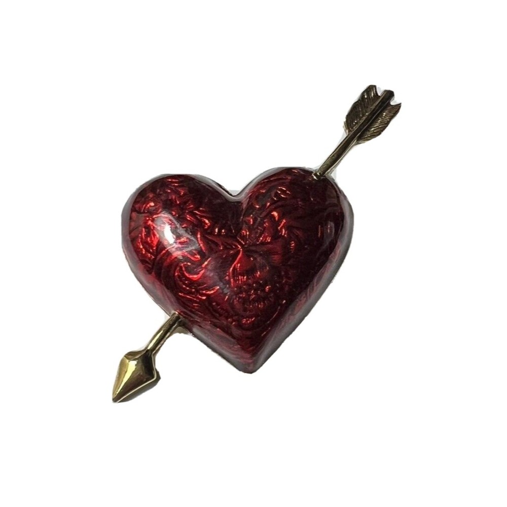 Vintage Avon Signed Red Enameled Puffy Heart Cupid Arrow Brooch Pin Gold Tone